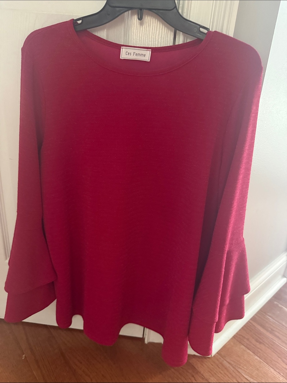 Ces Femme Crimson Red Ruffle Sleeve Knit Top